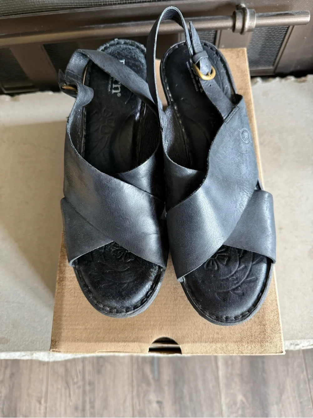 Born Black Leather Cross-Strap Wedge Sandals